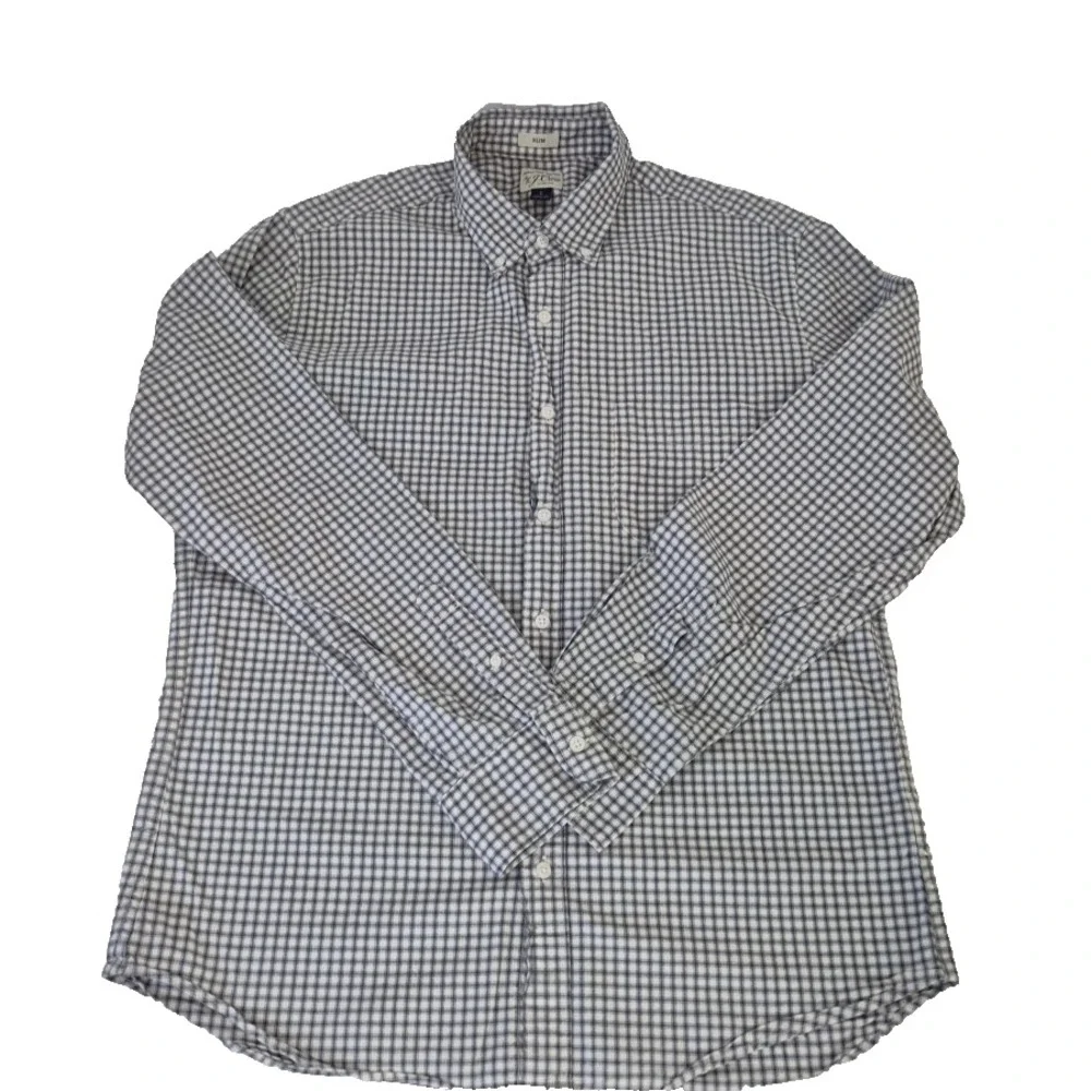 J Crew Shirt Mens Large Gray Gingham‎ Check Slim Stretch Secret Wash Shirting
